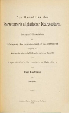 Zur Kenntniss der Stereoisomerie aliphatischer Dicarbonsäuren