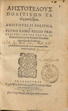 Aristotelus Politikōn ta heuriskomena