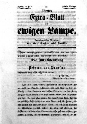 1848: Viertes Extra-Blatt der ewigen Lampe