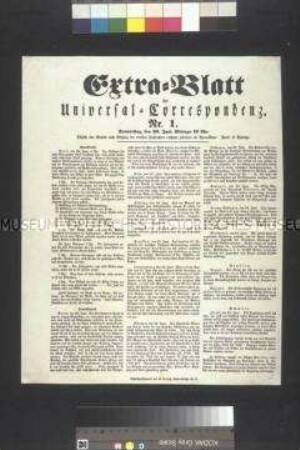 Extra-Blatt der Universal-Correspondenz, Nr. 1; 29. Juni
