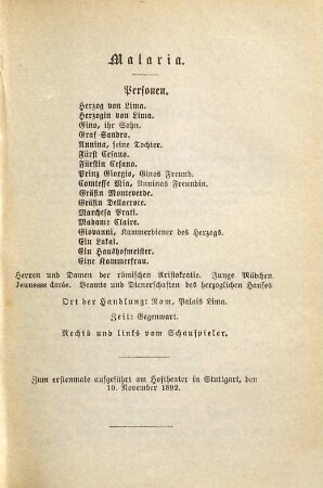 Malaria : Schauspiel in fünf Aufzügen