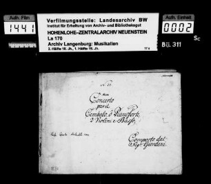 Tommaso Giordani: Concerto / per il / Cembalo ô Pianoforte / 2 Violini e Basso; / Composto dal / Sig. Giordani / Es-dur; Besitzvermerk: Charles Prince de Hohenlohe.