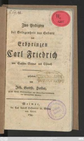 Zwo Predigten bei Gelegenheit der Geburt des Erbprinzen Carl Friedrich von Sachsen-Weimar und Eisenach