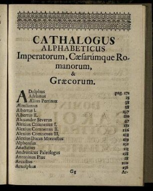 Cathalogus Alphabeticus Imperatorum, Cæsarúmque Romanorum.
