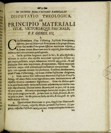 Disputatio Theologica, De Principio Materiali Vitæ, Victoriæque Paschalis, Ex Genes. III.