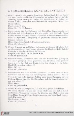 V. Verschiedene Kunstgegenstände (Nr. 95 - 116)