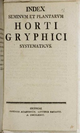 Index Seminum Et Plantarum Horti Gryphici Systematicus