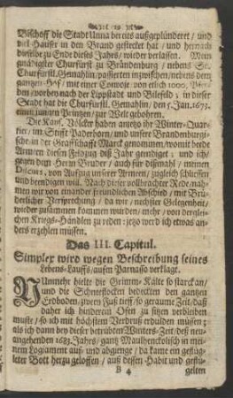 Das III. Capitul. Simplex wird wegen Beschreibung seines Lebens-Lauffs/ aufm Parnasso verklagt