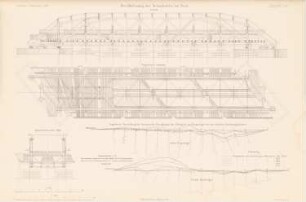 Bruchbelastung der Neißebrücke, Forst: Ansicht, Schnitte 1:100, 1:120, Diagramm (aus: Atlas zur Zeitschrift für Bauwesen, hrsg. v. Ministerium der öffentlichen Arbeiten, Jg. 45, 1895)