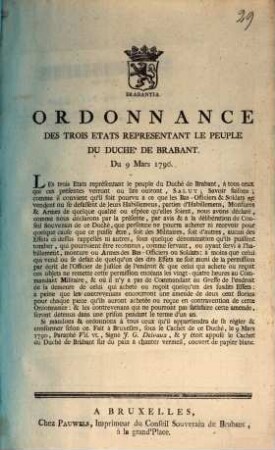 Ordonnance Des Trois Etats Representant Le Peuple Du Duche' De Brabant, Du 9 Mars 1790