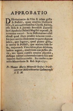 De vita et rebus gestis S. Possidii Calamensis episcopi dissertatio : ex B. Augusini scriptis ecclesiasticisque monumentis concinnata