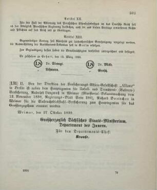 131. Ministerial-Bekanntmachung, betreffend die Bestellung eines Hauptagenten der Versicherungs-Aktien-Gesellschaft "Allianz" in Berlin für die Einbruchsdiebstahl-Versicherung