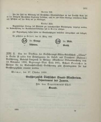 131. Ministerial-Bekanntmachung, betreffend die Bestellung eines Hauptagenten der Versicherungs-Aktien-Gesellschaft "Allianz" in Berlin für die Einbruchsdiebstahl-Versicherung