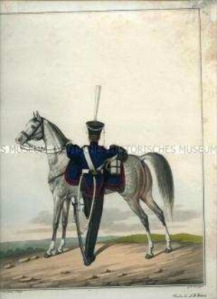 Uniformdarstellung, Artillerist der Reitenden Artillerie, Preußen, 1821. Tafel 16 aus: Jügel/Lieder/Krüger: Darstellung der Königlich Preußischen Kavallerie.