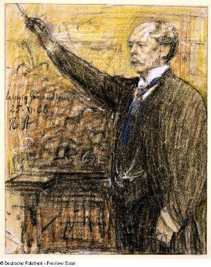 Sterl, Robert: Ernst Edler von Schuch im Leipziger Gewandhaus. Farbige Kreidezeichnung; 300 x 250 mm. Bez. 25.XI.1908. Dresden: Kupferstich-Kabinett C 1909-20