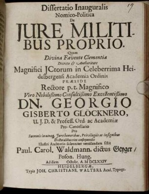 Dissertatio Inauguralis Nomico-Politica De Iure Militibus Proprio