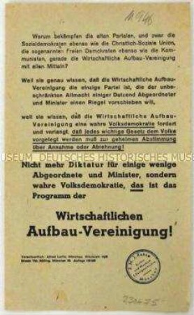 Aufruf der Wirtschaftlichen Aufbau-Vereinigung zu den Landtagswahlen in Bayern 1946