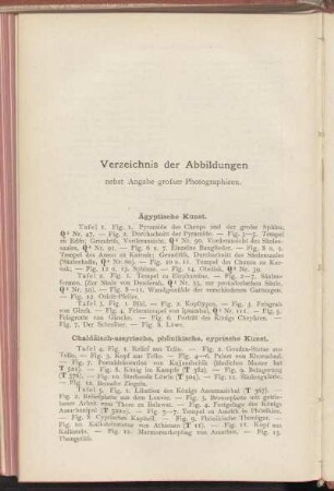 Verzeichnis der Abbildungen nebst Angabe grosser Photographieen.