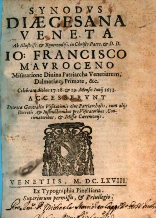 Synodus dioecesana Veneta, celebrata 17 - 19. Jun. 1653