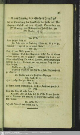 Anordnung des Gottesdienstes bei der Einweihung der Hauskirche der Heil- und Verpflegungs-Anstalt auf dem Schlosse Sonnenstein ...