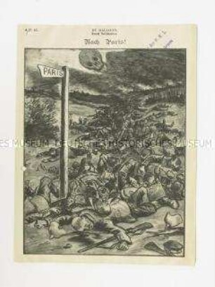 Britisches Abwurfflugblatt mit antideutscher Karikatur (Schlachtfeld)