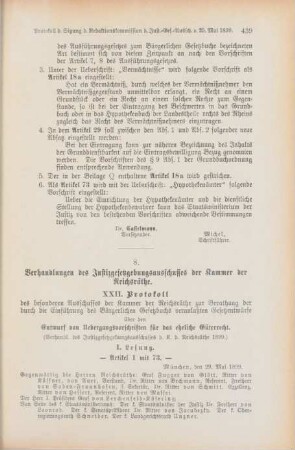 8. Verhandlungen des Justizgesetzgebungsausschusses der Kammer der Reichsräthe