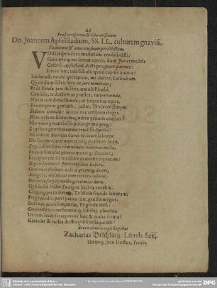Praestantissimum & Literatissimum Dn. Joannem Apfelstadium, SS. LL. cultorem gnaviss.