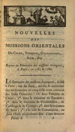 Nouvelles Des Missions Orientales : Reçues au Séminaire des missions étrangeres, à Paris, en 1785 & 1786., 1