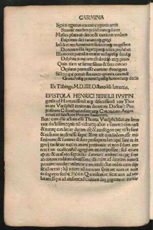 Epistola Henrici Bebelii Iustingensis ad Humanissimum atque disertissimum virum Thomam Wolphium ...