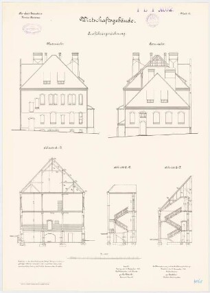 Pionierkaserne, Graudenz Wirtschaftsgebäude: Aufriss Westansicht und Ostansicht, Querschnitte 1:100