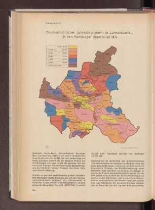 Kartogramm 2: Durchschnittlicher Jahresbruttolohn je Lohnsteuerfall in den Hamburger Stadtteilen 1974
