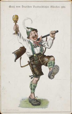 Postkarte "Bundesschießen München 1906/Schütze mit Pokal", 1906