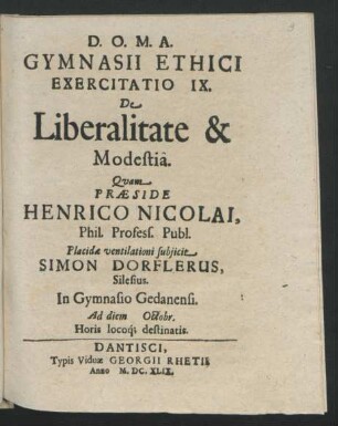 9: De Liberalitate & Modestia