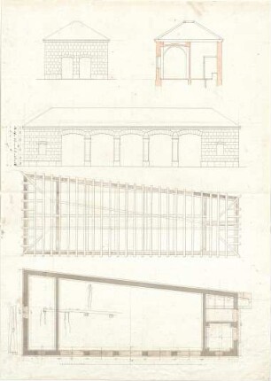 Gärtner, Friedrich von; München; Universität - Grundriss, Ansichten, Schnitt