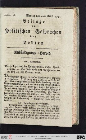 Beilage zu Politischen Gesprächen der Todten. Ankündigungs-Herold. Nro. 28