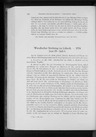 Wendischer Städtetag zu Lübeck. - 1534 Juni 29 - Juli 4.