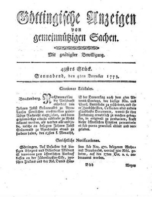 49stes Stück. Sonnabend, den 4ten December 1773.
