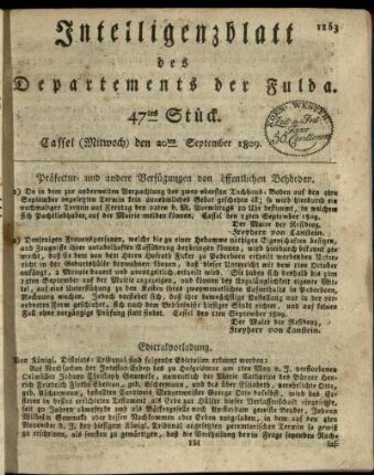 47tes Stueck, (Mitwoch) den 20ten September 1809