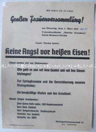 Flugblatt mit der Einladung zu einer Frauenversammlung zu kommunalpolitischen Themen