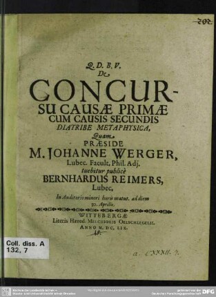 De concursu causae primae cum causis secundis diatribe metaphysica