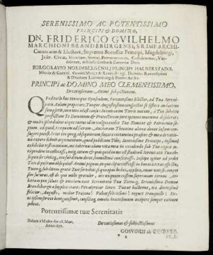 Serenissimo Ac Potentissimo Principi & Domino, Dn. Friderico Guilhelmo Marchioni Brandeburgensi [...]