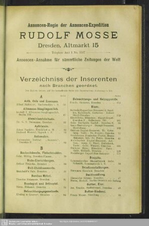 Verzeichniss der Inserenten nach Branchen geordnet