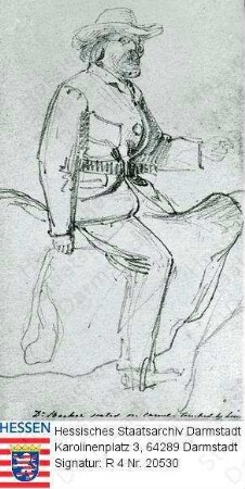Becker, Ludwig (1808-1861) / Porträt auf Forschungsreise, auf Kamelrücken sitzend, linksblickend, Ganzfigur im Profil / sign. 'Dr. Becker seated Camel teached by him'
