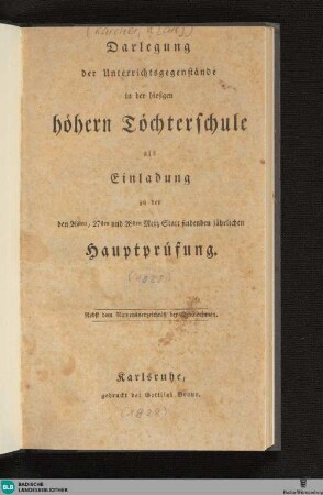Darlegung der Unterrichtsgegenstände in der hiesigen höhern Töchterschule