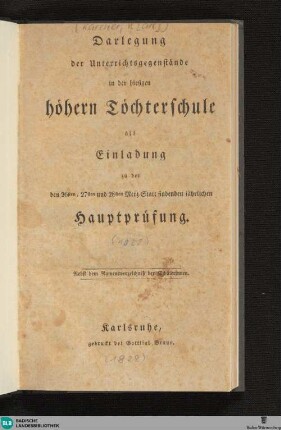 Darlegung der Unterrichtsgegenstände in der hiesigen höhern Töchterschule