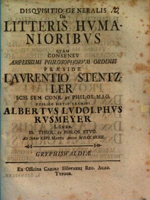 Disquisitio generalis de literis humanioribus