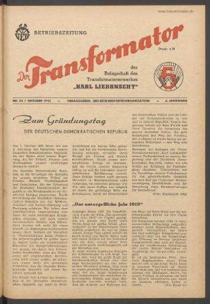 TRO-Betriebszeitung 'Der Transformator'; Nr. 25/1952 (Oktober 1952)