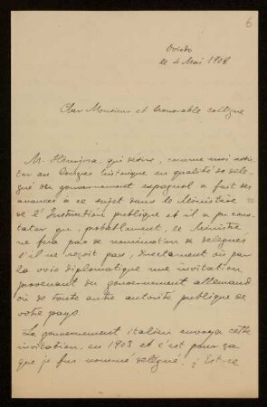 6: Brief von Rafael Altamira y Crevea an Otto von Gierke, Oviedo, 4.5.1908