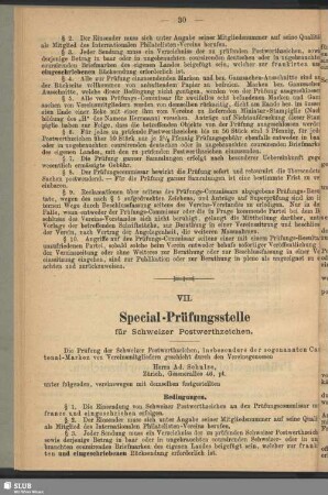 VII. Special-Prüfungsstelle für Schweizer Postwerthzeichen