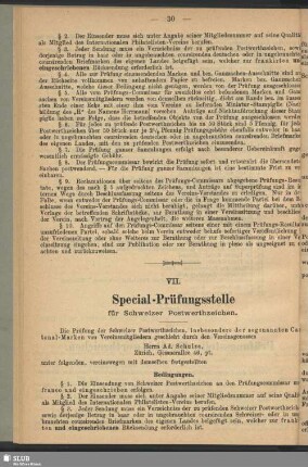 VII. Special-Prüfungsstelle für Schweizer Postwerthzeichen